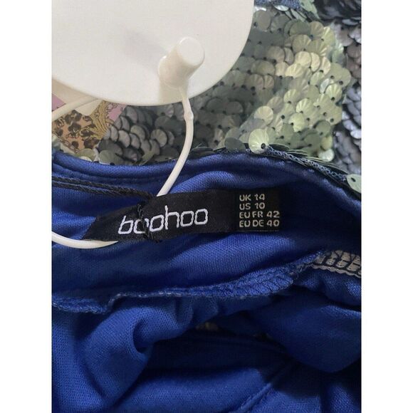 Boohoo Sequin High Neck Cut Out Smock Dress Size 10  Blue Sparkly Mini - Picture 11 of 12